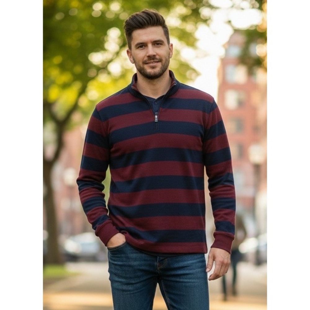 ODA Rugby Shirt‎ Men's 2XL Maroon Blue Striped Long Sleeve 1/4 Zip Preppy NEW